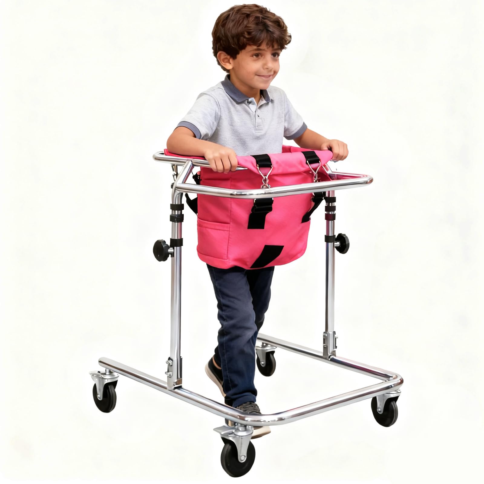 Rollator Walker for Children with Cerebral Palsy Rehabilitation, Adjustable Height Hemi Walkers, Kids Disabled 4wheels Walker Gait Trainer Standing Frame, Suitable for Height 31"- 47" (Pink)