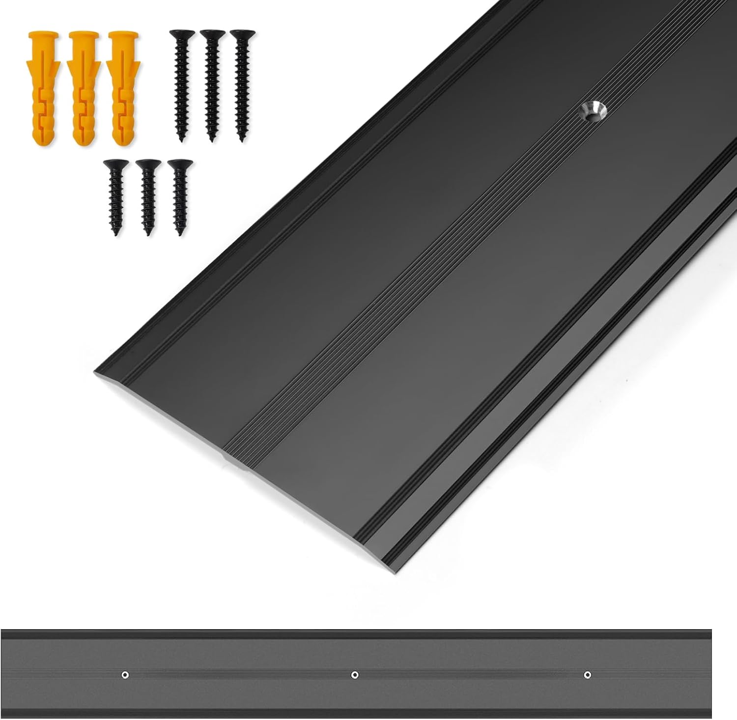 36" L x 4" W Aluminum Floor Transition Strip Metal Door Threshold, 0.1" H Flat Profile for Carpet Vinyl Wood Tile Concrete Flooring Gaps, Modern Doorway Protector Decoration(Black,1pcs)