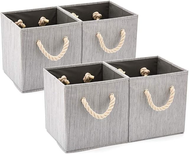EZOWare Set of 4 Fabric Bamboo Fabric Storage Basket Bins with Cotton Rope Handle, Foldable Organiser Cube Boxes for Nursery Baby Kids Room Toys Home Shelving 28x28x28 cm /Bamboo Gray