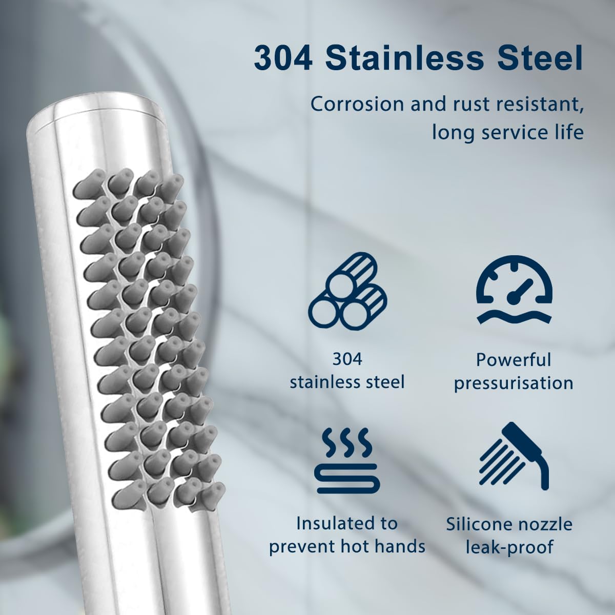 Drenky Shower Head Stainless Steel 304 High Pressure Shower Head Round Pencil Showerhead with 48 Easy-Cleaning Rubber Nozzles Pencil Water Saving - Image 4