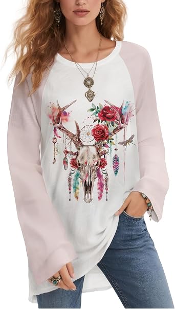 Womens Tunic Tops Animal Graphic Boho Floral Long Sleeve Tshirts Loose Fit Color Block Casaul Ethnic Fall Shirts