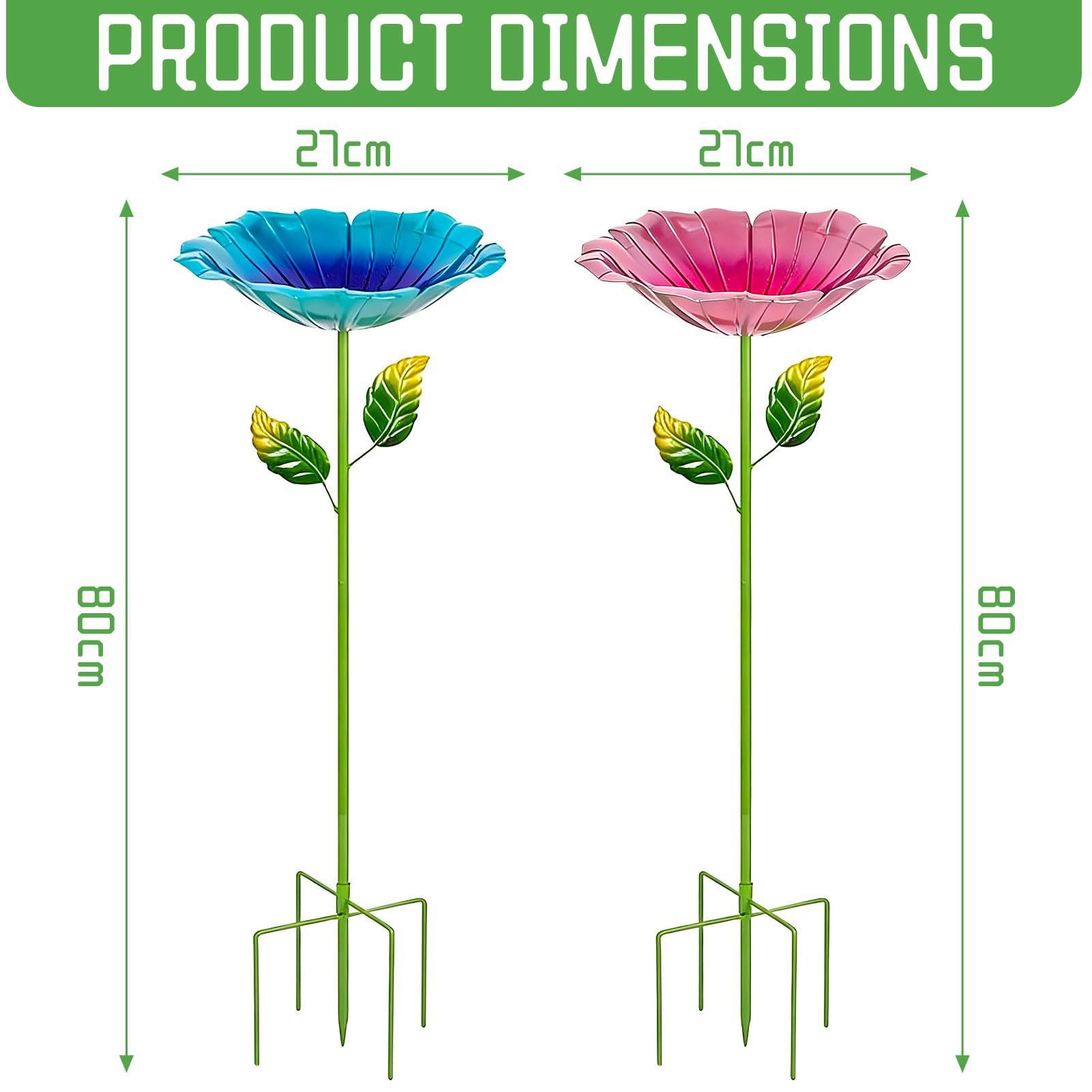 2stk Vogeltränke Stehend, 80cm Metall Blumen Vogeltränke Gartenstecker Mit 5 Bodennägeln, Voge-ltränke Winterfest Frostsicher Rostfreien, Futterstation Vögel Insektentränke Für Garten,Hinterhof(A)