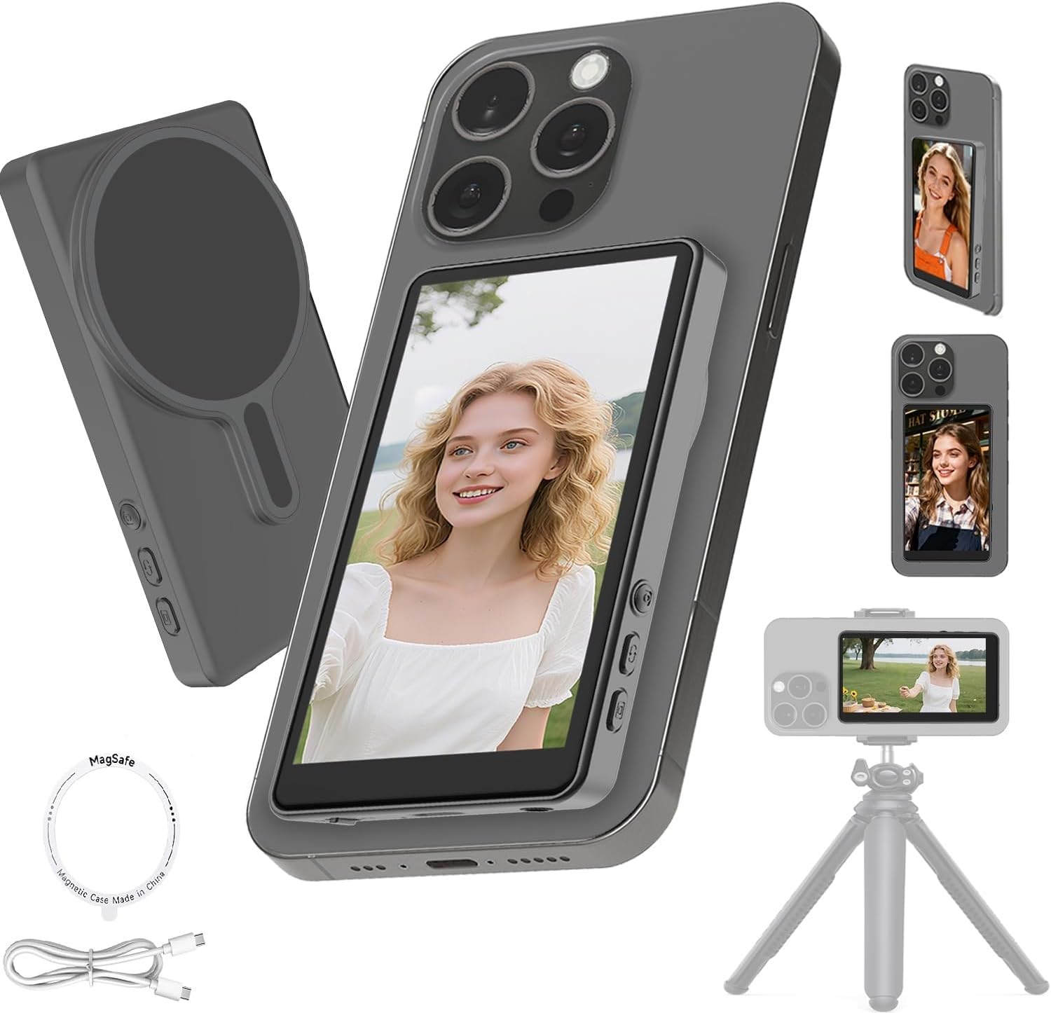 Phone Vlog Selfie Monitor Screen, 1080P Wireless Recording, Magnetic Selfie Screen with Built-in Speaker, Back Camera Monitor for Vlog Live Stream TikTok, Compatible with iPhone & Android-picture-30