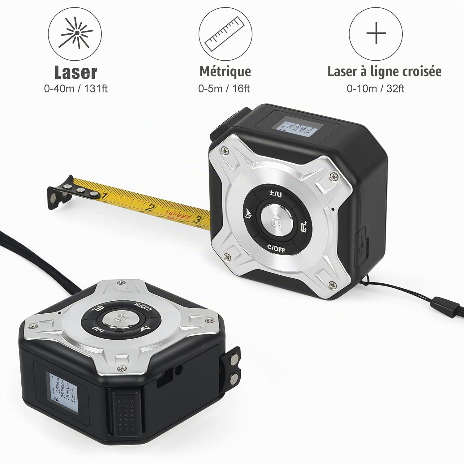 Zeerkeer Télémètre Laser Ruban 2 en 1, Mètre Ruban Laser Rechargeable avec Laser de 40m et Ruban de 5m, USB Rechargeable avec Rétroéclairage LCD, Affichage Numérique pour Longueur/Zone /Volume/Mesure