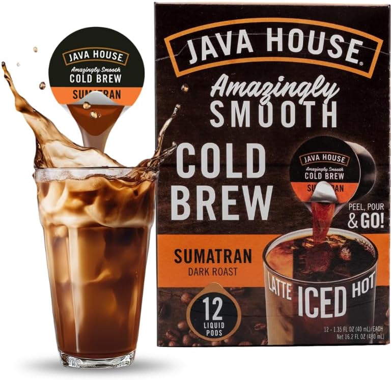 JAVA HOUSE Dark Roast Sumatran Cold Brew Capsules, 1.35 Fluid Ounces (12 Count) Peel and Pour, TSA Approved, Travel Friendly Cold Brew, Hot or Iced, Instant Coffee Concentrate