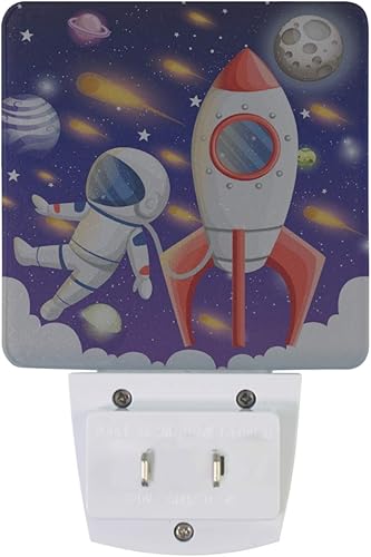 Miniatura 2 de Pfrewn Juego de 2 luces nocturnas de astronauta cohete enchufables, luces nocturnas del universo de la Tierra, galaxia, universo, LED, lámpara con