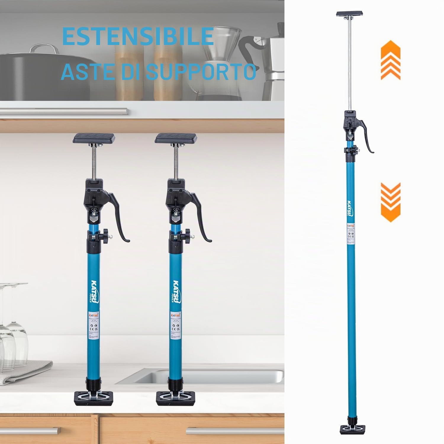 KATSU Tools Supporto telescopico per soffitto, confezione da 2, 125-290 cm, in acciaio, capacità di carico 40 kg, per posizionamento, tenuta e fissaggio di cartongesso
