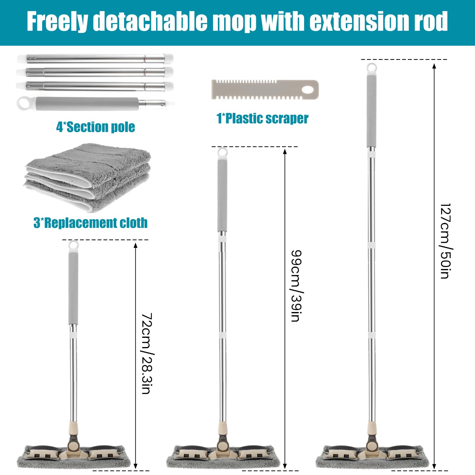 Mop z mikrofibry z regulowanym uchwytem, obracający się o 360°, mop do czyszczenia podłóg z 3 zapasowymi podkładkami, skrobak, przenośny, płaski mop podłogowy, mop do czyszczenia na mokro lub na