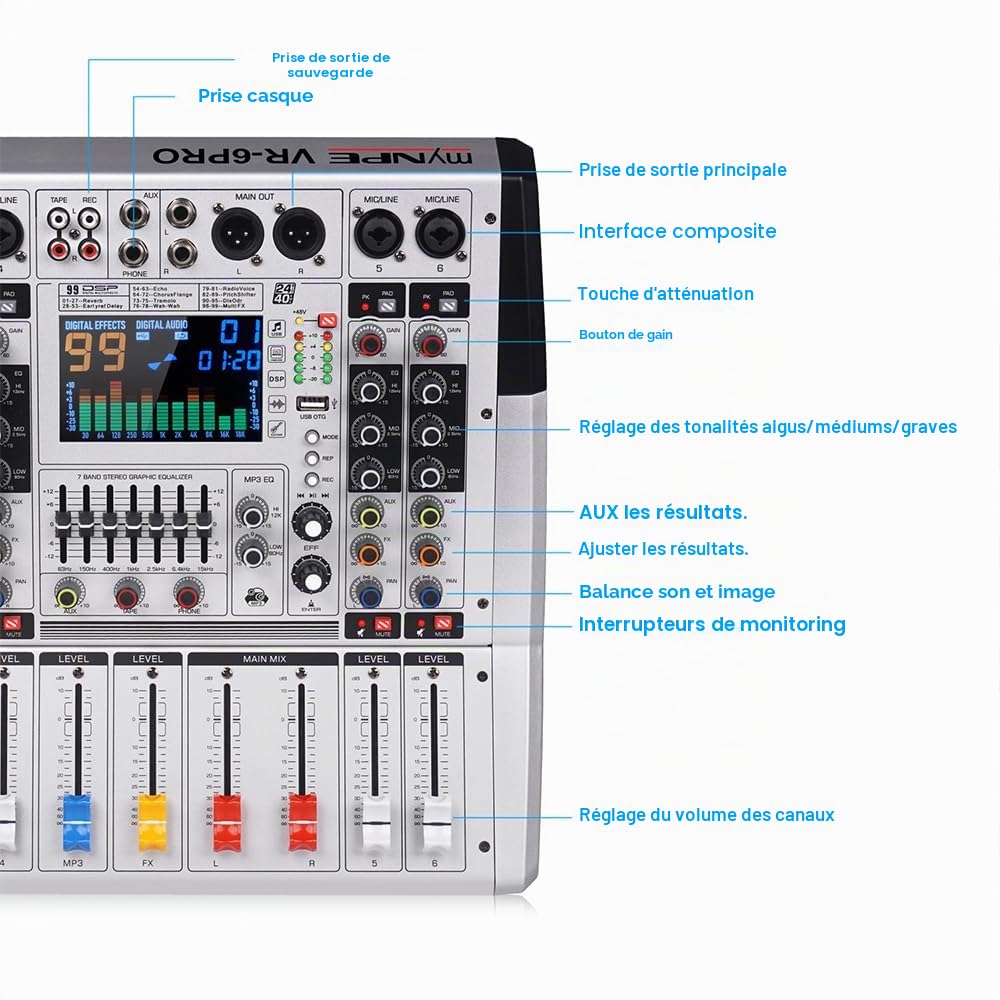 VR-6 PRO Table de mixage audio - Amplificateur de sortie haute puissance 550W x 2, 99 effets DSP, Console DJ audio Bluetooth, Grand écran spectre affichage, Tuner DJ à réduction intelligente