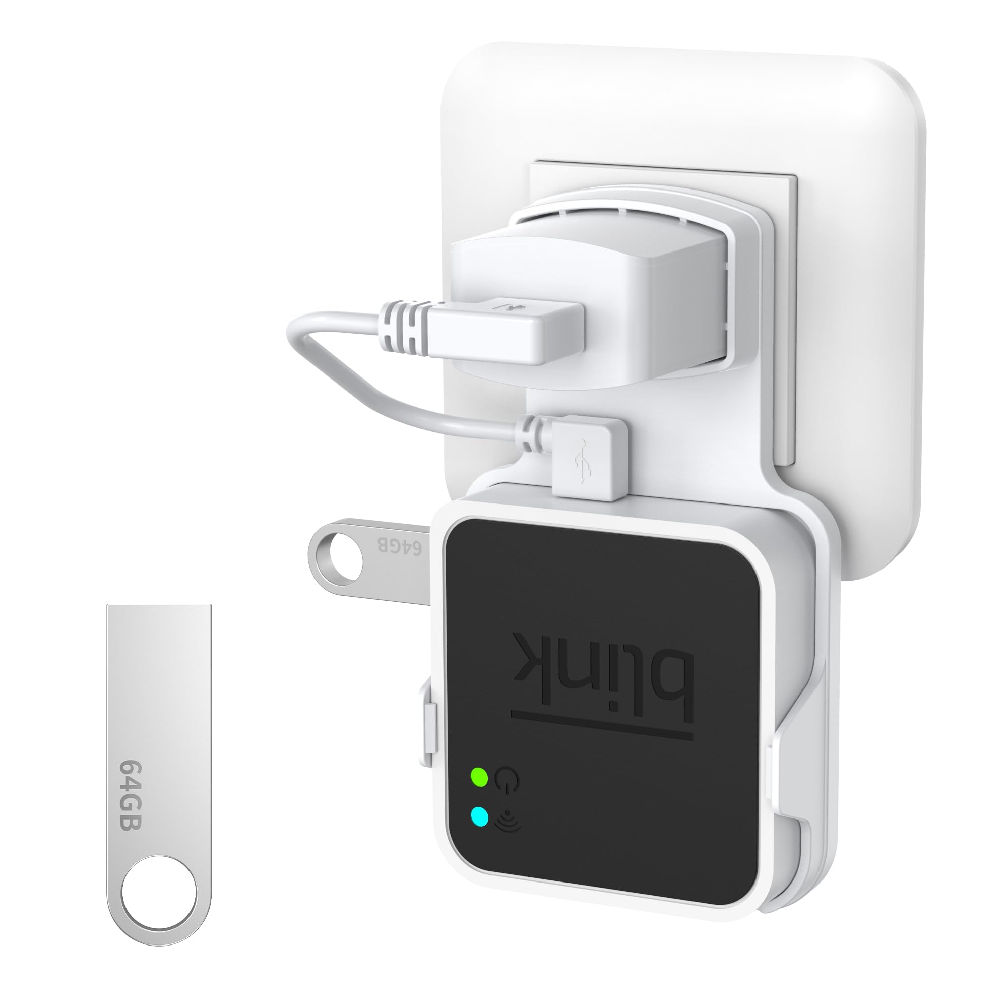 PlusAcc USB 64GB y Soporte de Pared para Blink Sync Module 2 - Base para Enchufe con Almacenamiento Local Blink, Cable Corto (Blanco)