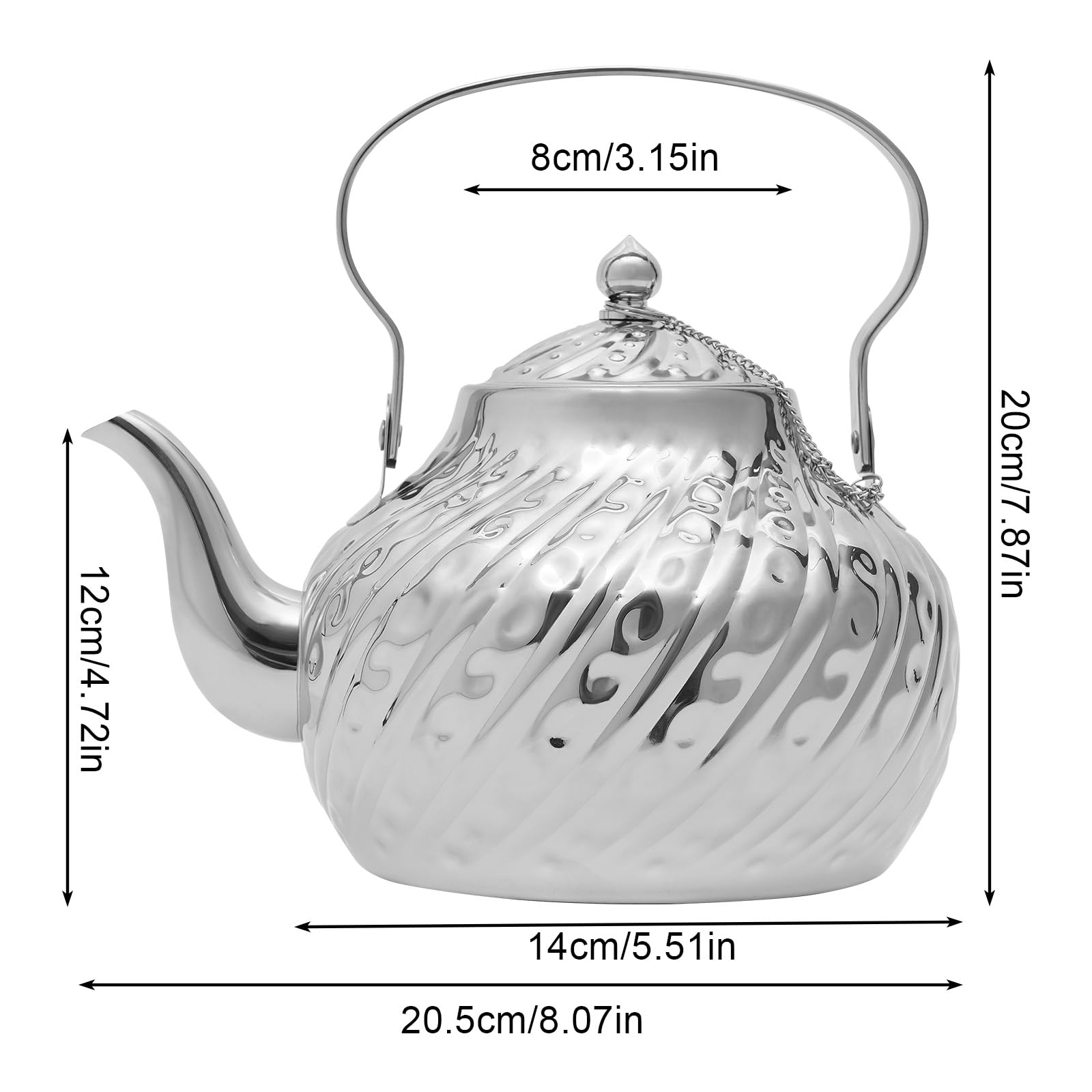 Tetera de acero inoxidable, tetera de 2 litros con colador de té, jarra de agua, cafetera apta para restaurantes de hotel familiares, 20,5 x 20 cm, extraíble, sin goteos, color plateado