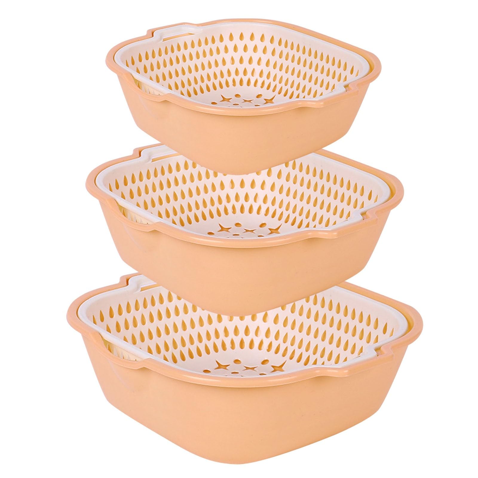 6PCS Vegetable Washing Basket, 2-in-1 Drain Colander Bowl Set, Kitchen Fruit Baskets Washing Bowl and Strainer, Drain Basin and Basket for Vegetables Cleaning Washing (Beige)