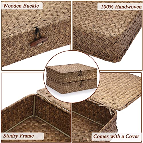 Image of Hipiwe 2 Packs FLat Woven Wicker Basket Bin with Lid, Large Seagrass Baskes