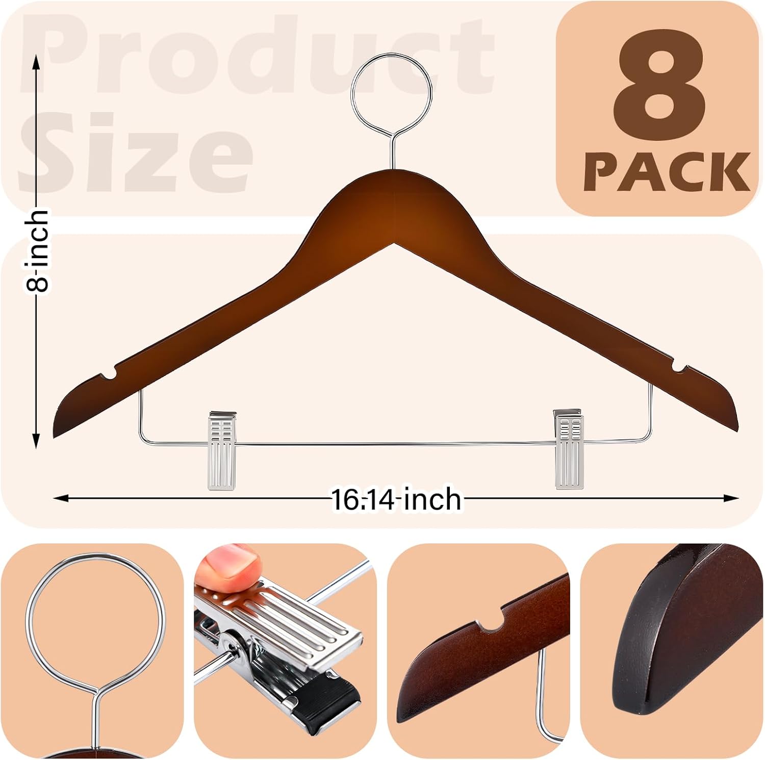 AceOrbit 8 Pack Wooden Security Hangers with Clips 16.3" Hotel Suit Hangers with Anti Theft Ring Hook for Hotels RVS Closets Heavy Duty Wood Metal Pants with Non Slip Notches