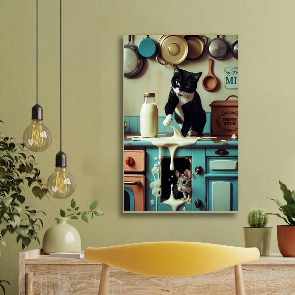 PBDTRUA Divertente quadro da parete per cucina con gatto e topo, stampa su tela con latte rovesciato e spiritosa, decorazione murale divertente per la cucina (40x50 cm/con cornice)