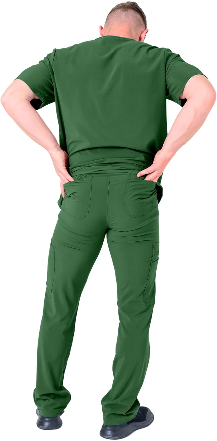 Banu Mens Scrubs Set - Stretch V-Neck Top & Straight Leg Pant with Drawstring Waistband, 11 Pockets - Image 2