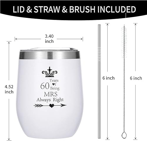 Miniatura 2 de Paquete de 2 vasos de vino de acero inoxidable con popote y cepillo para parejas, padres, 60 años, Mr Right Mrs Always Right