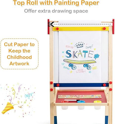 Miniatura 4 de HONEY JOY Caballete para niños, caballete de madera de altura ajustable con pizarra magnética y pizarra blanca, rollo de papel, accesorios de