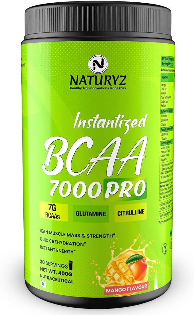 NATURYZ Instantized BCAA 7000 PRO |7G Vegan BCAAs | Glutamine | Citrulline | Electrolytes | 0 Added Sugar | Powerful Pre/Post & Intra Workout Amino for Lean Muscle Growth, Strength, Quick Re-Hydration & Instant Energy - 400g(Mango)