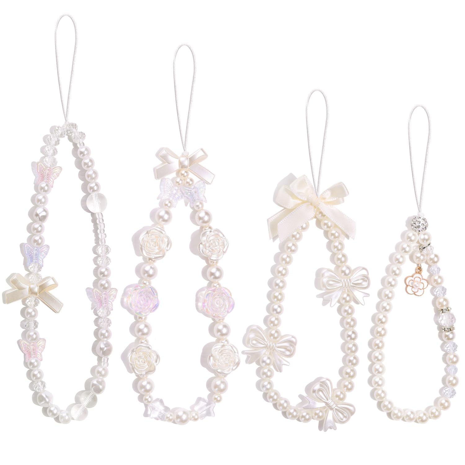 4 PCS Pearl Beaded Cute Phone Charms Y2K Cellphone Lanyard Wrist Strap L