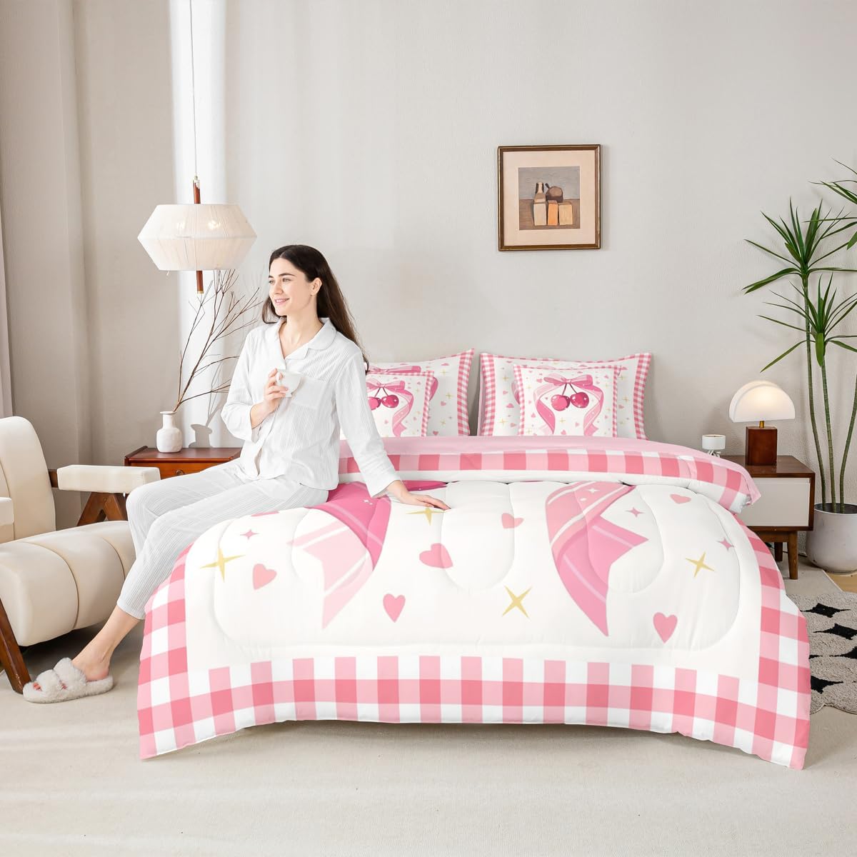 Feelyou Pink Cherry Comforter Set 7 Pieces Cherry Pattern Bed in a Bag Cute Bowknot Bow Cartoon Fruit Bedding Set Queen Size Bedroom Dreamy Princess Bed Set with Comforter, Sheet Set, Pillowcases