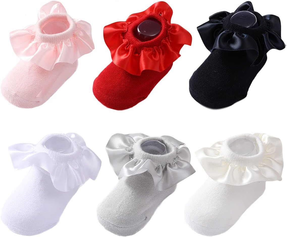Yenzat Ruffle Grip Baby Girls Socks Anti Slip Non Skid for Newborn Infant Toddler 0-3 Years 6 Pairs, Ruffle, 1-2 Years