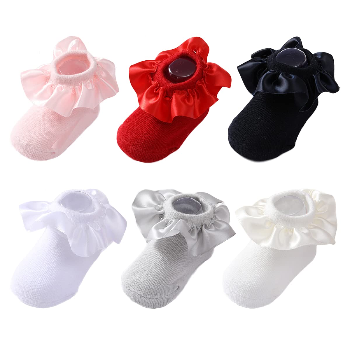 Yenzat Ruffle Grip Baby Girls Socks Anti Slip Non Skid for Newborn Infant Toddler 0-3 Years 6 Pairs, Ruffle, 1-2 Years