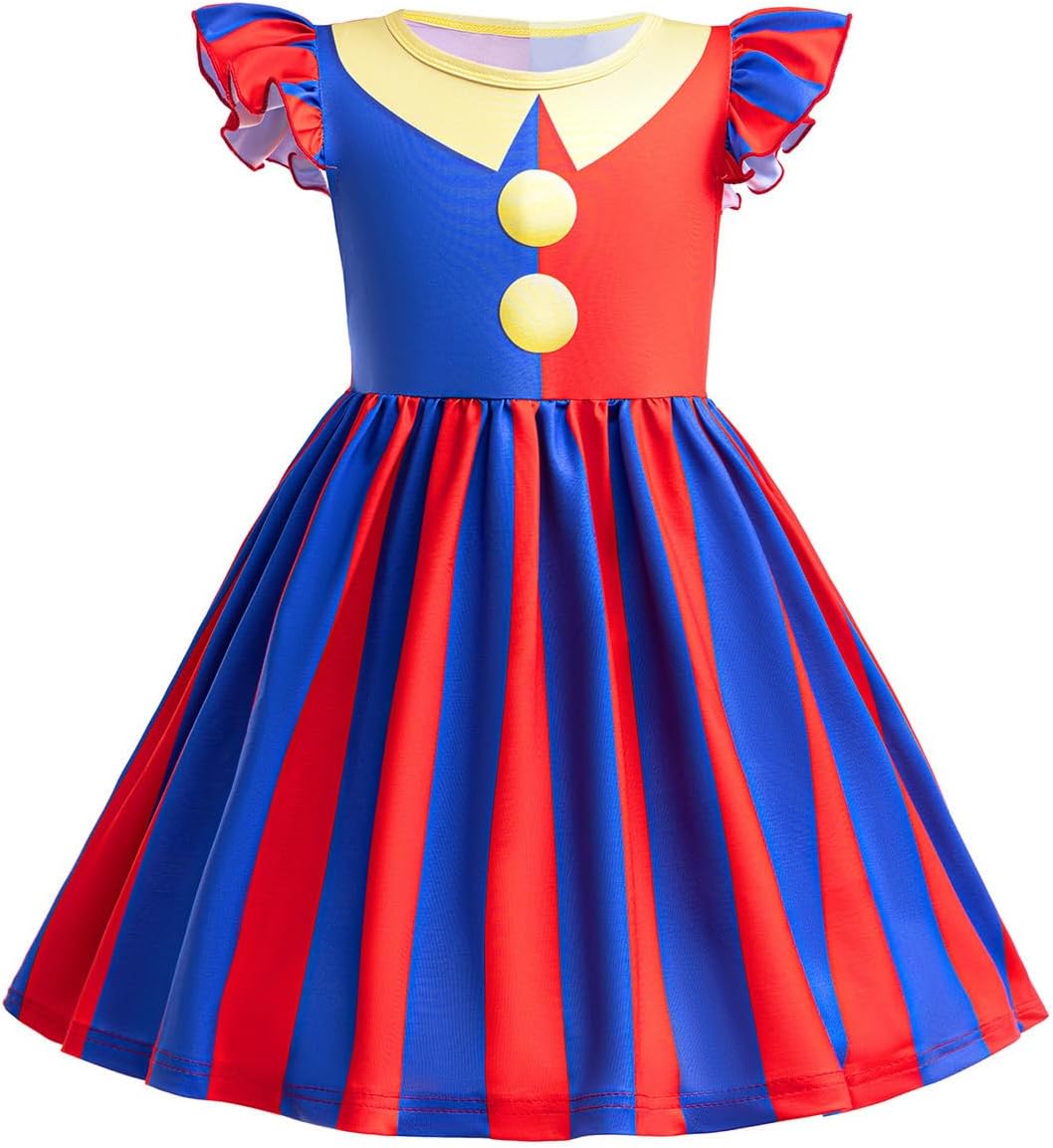 Pomni Clown Dresses for Girls, Kids The Amazing Digital Circus Cosplay Dress with Gloves for Halloween Carnival Birthday Party