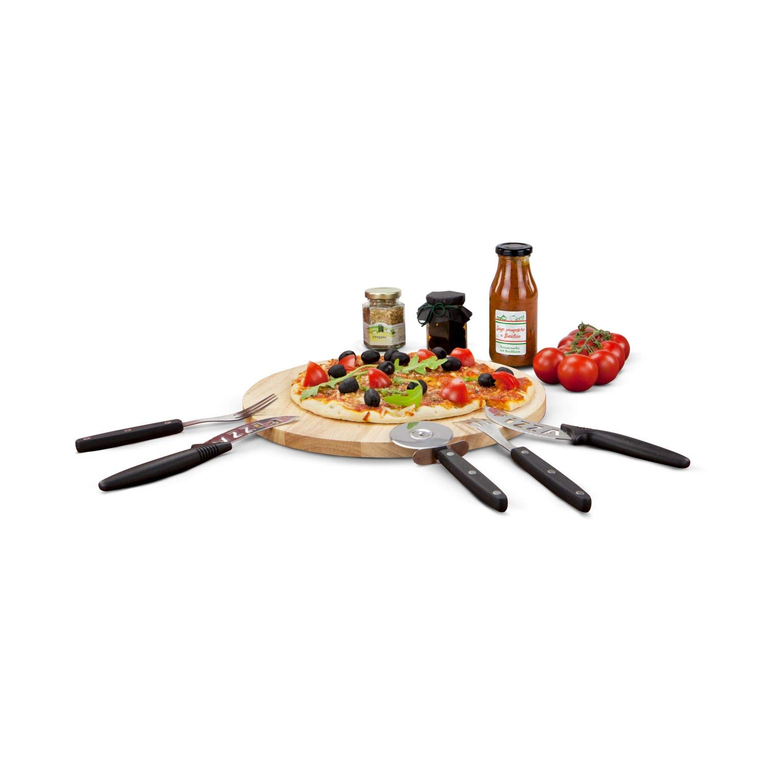 Römer Präsente Geschenkset Pizza Italia: 13-teilig; 1 Pizzabrett, 1 Pizzaschneider, 4 Messer und 4 Gabeln, 1 Sugo, Oliven und Oregano