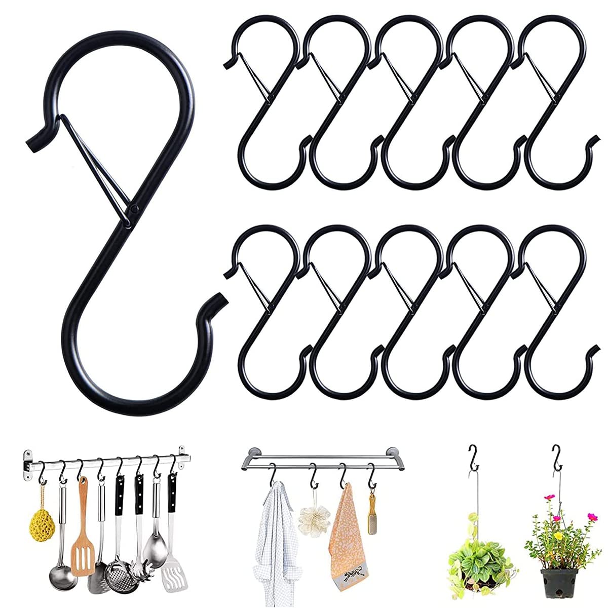 HASTHIP® S Shaped Hooks for Kitchen Utensil and Closet Rod Black S Hooks for Hanging Plants