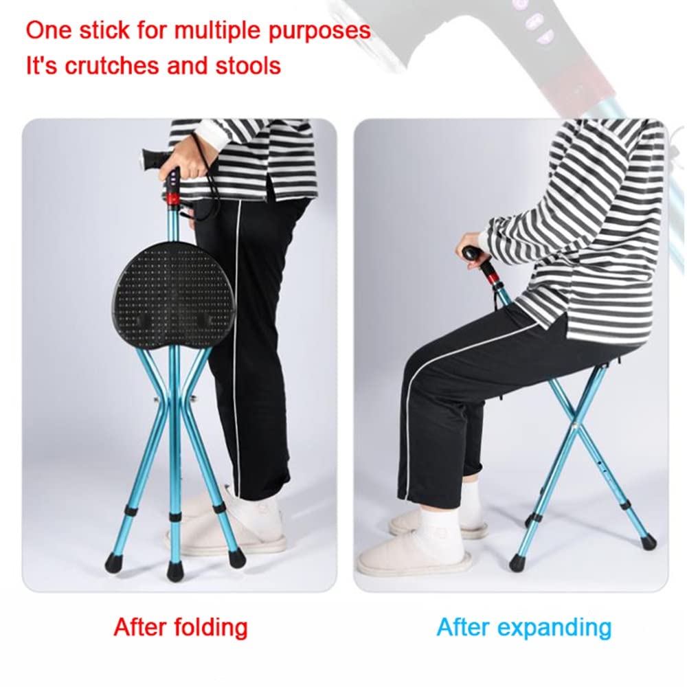 KADEUX Silla Muleta Plegable, Asiento De Bastón De Aluminio con Luz, Bastón Plegable con Asiento para Personas Mayores, Bastón para Hombres Que Caminan, Altura Ajustable