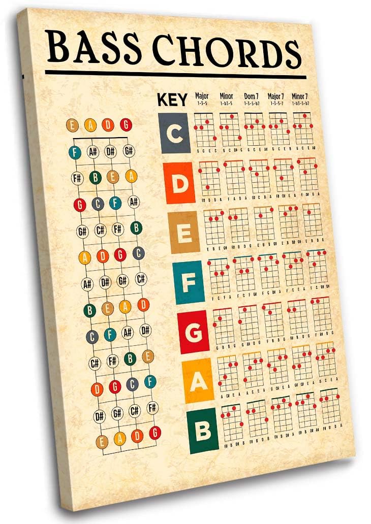 Bass Chords Poster Music Wall Art Framed Canvas Print Bass Chord Chart Posters Musical Instrument Educational Wall Decor For Office 12x18inch Framed