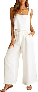 ioiohahaun Women's 2 Piece Outfits Square Neck Linen Tank Crop Top Wide Leg Pants Matching Lounge Set Tracksuit