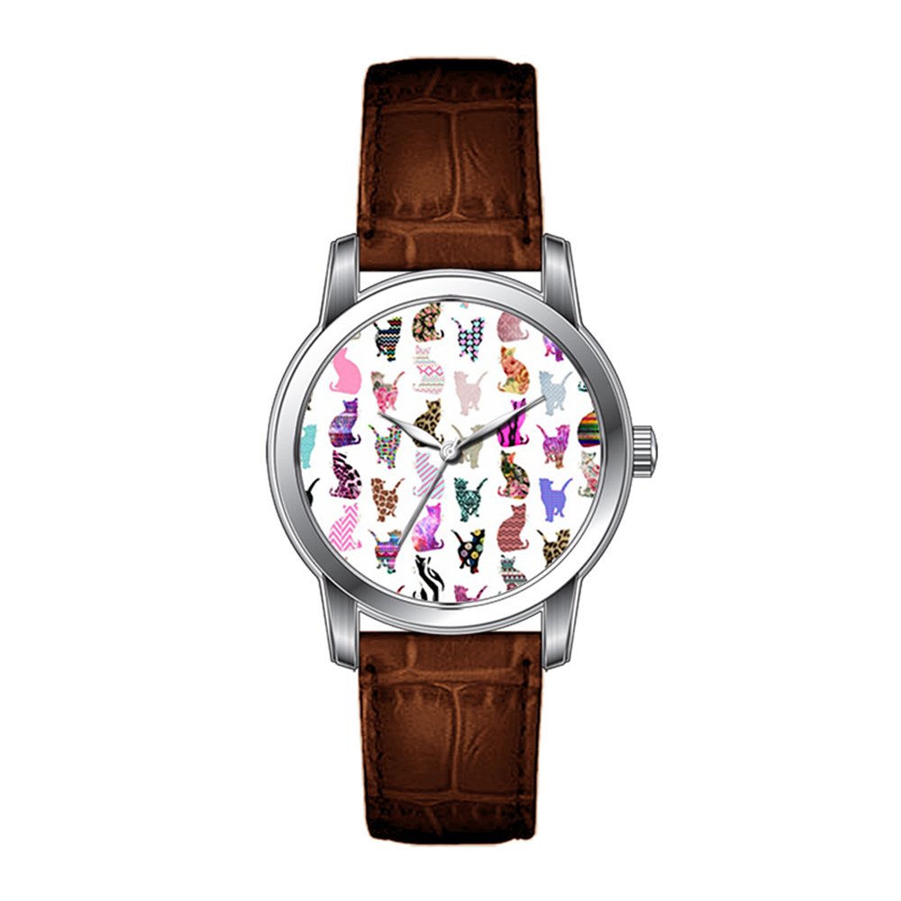 JLS Creative Watches Men's Vintage Design Leather Brown Band Wrist Watch Cats Aztec Floral Stripes Pattern Wrist Watch