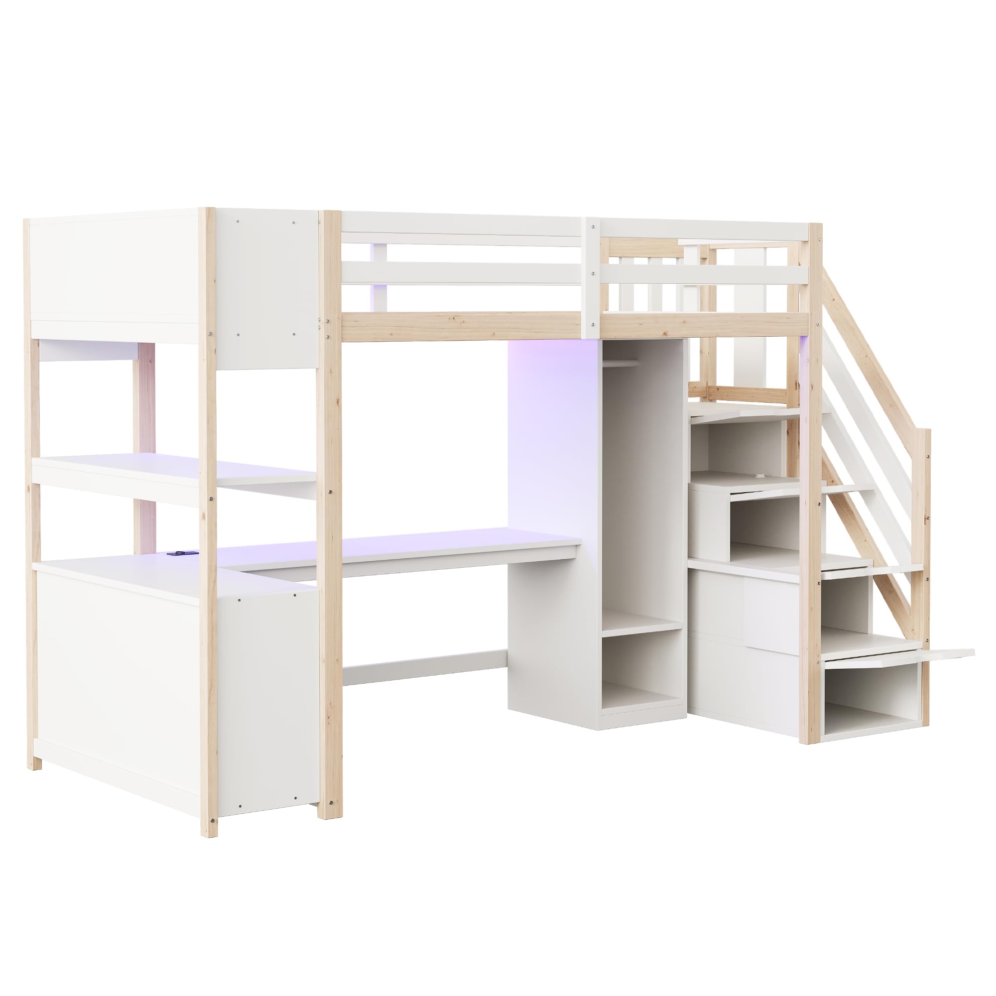 Merax Holz Hochbett 90 x 200 cm, mit Schreibtisch, Kleiderschrank, Treppe mit Stauraum, Regal und Ablagefach, Hochbett mit LED Lichtleiste und Steckdose, weiß & Holzfarbe (ohne Matratze)