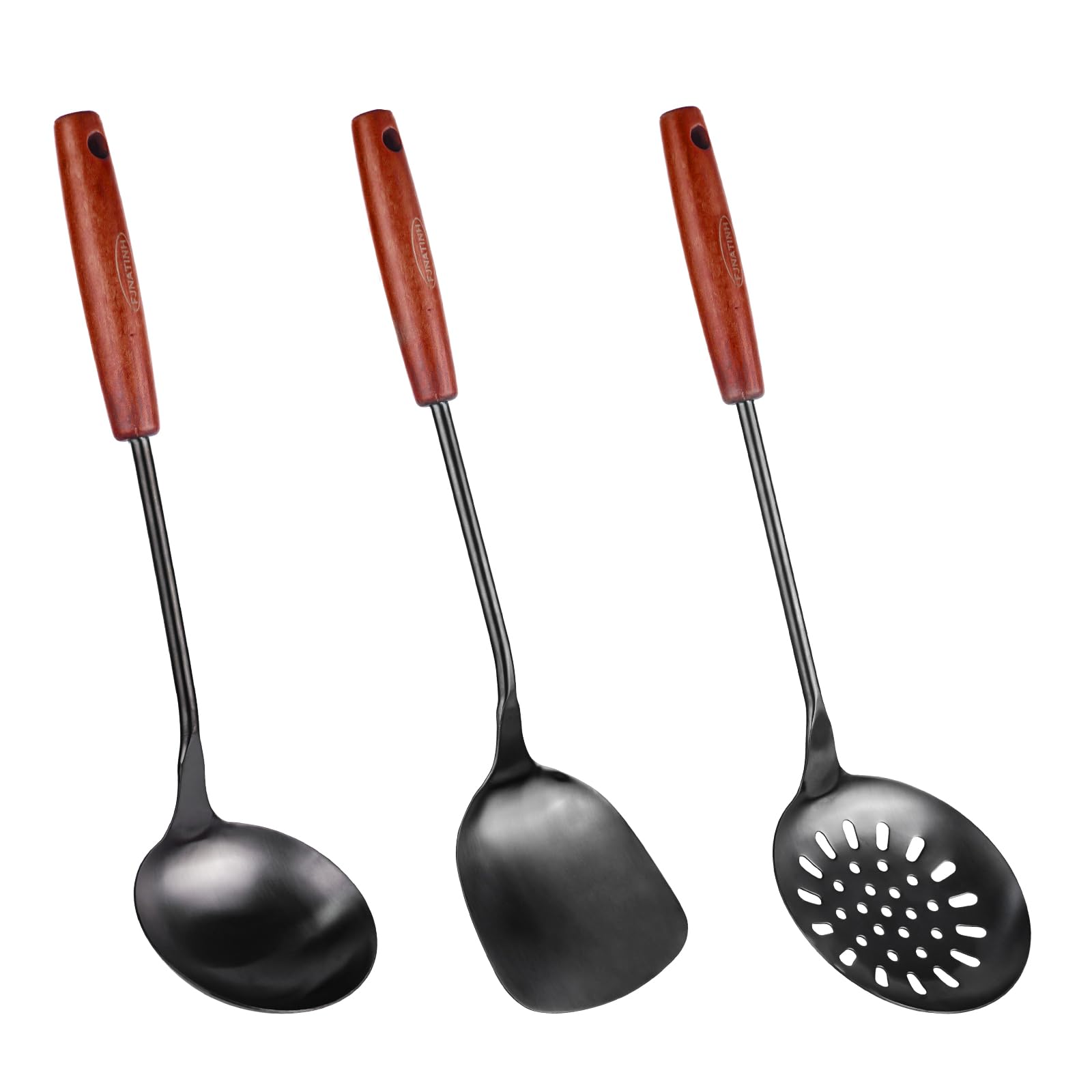 FJNATINH Wok Spatula and Ladle,Skimmer Ladle Tool Set, 17inches Spatula for Wok, 304 Stainless Steel Wok Spatula,Black