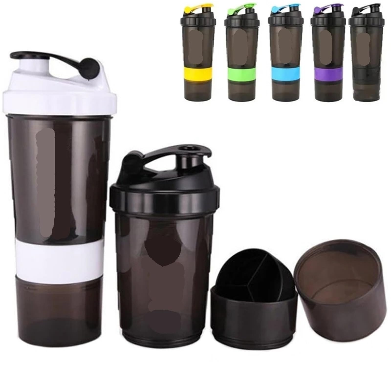 3-lagige Shaker-Flasche zum Mischen von Proteinen, Shake-Becher, Sport, Fitness, wasserskalierte Kunststoffflaschen mit Medikamentenbox (schwarz)