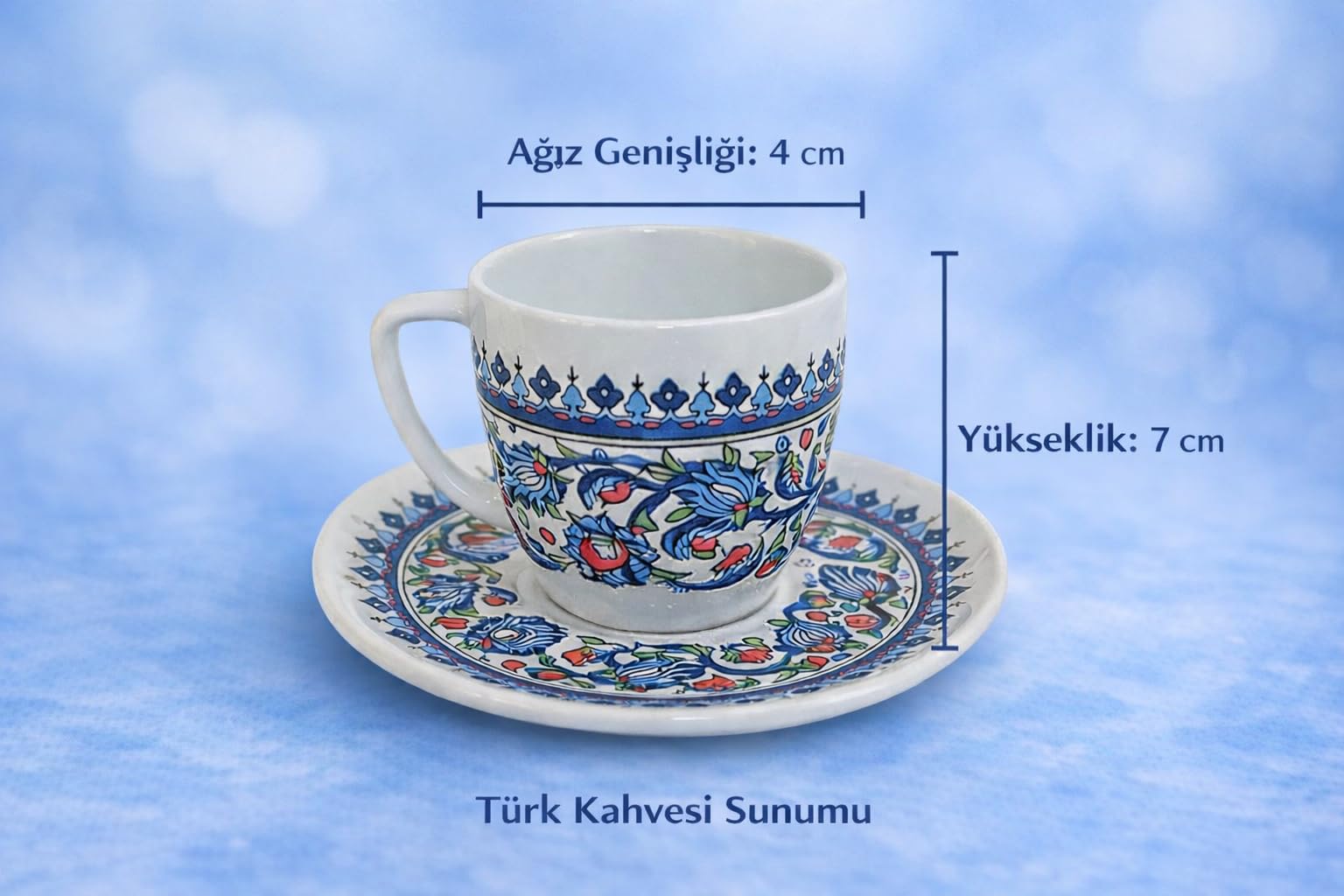 Türk Kahvesi Fincanı ve Tabak Seti,Seramik Çift Parça Kahve Takımı,El İşi İznik Desenli,Geleneksel Çini Motifli Dekoratif Sunum Fincanı,Misafir Sunumları ve Hediye Seçenekleri İçin Özel Tasarım