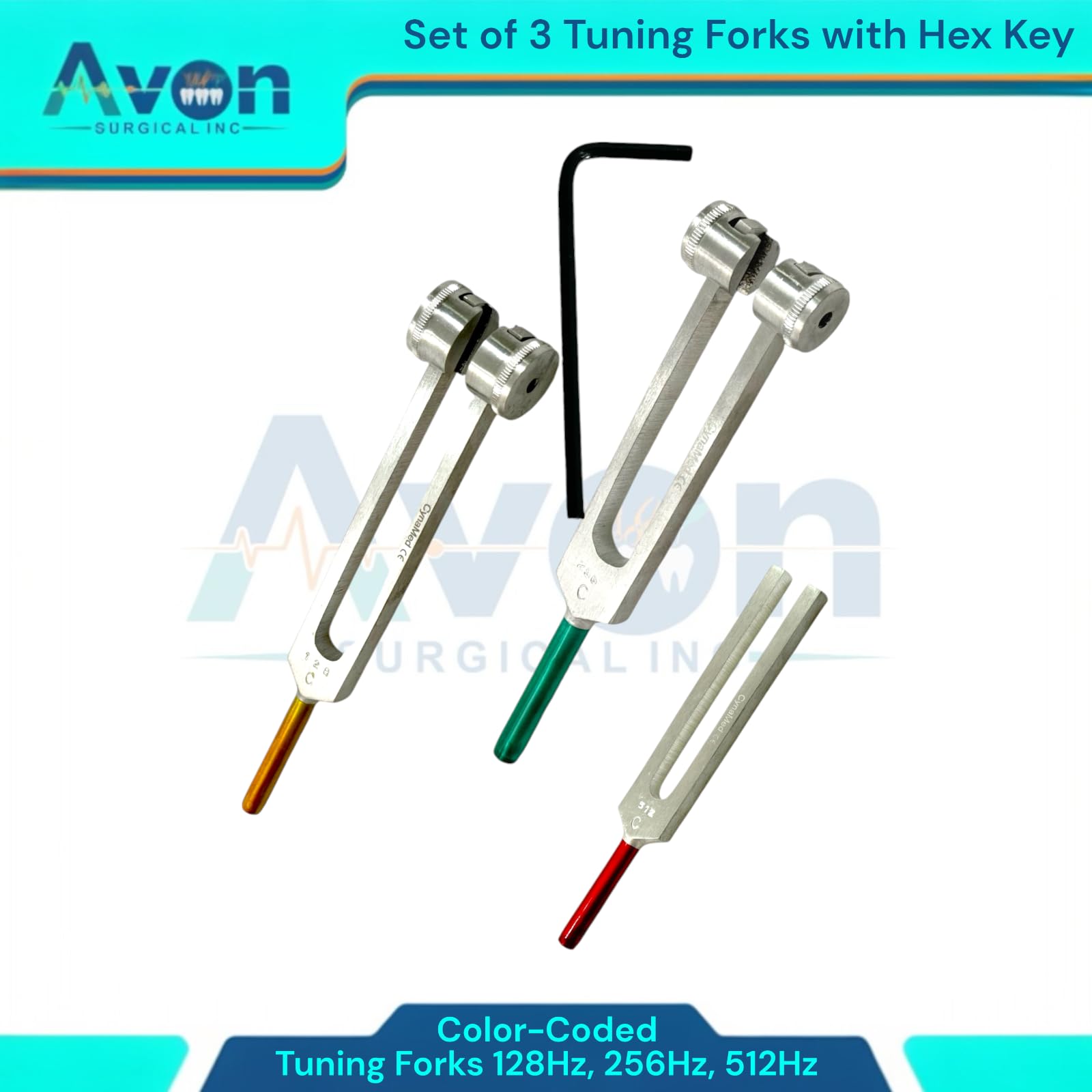 Set of 3 Color-Coded Tuning Forks with Weights C-128 Hz and C-256 Hz and C-512 Hz Without Weights, L-Shape Hex Key Included - Sound Therapy Tuning Forks