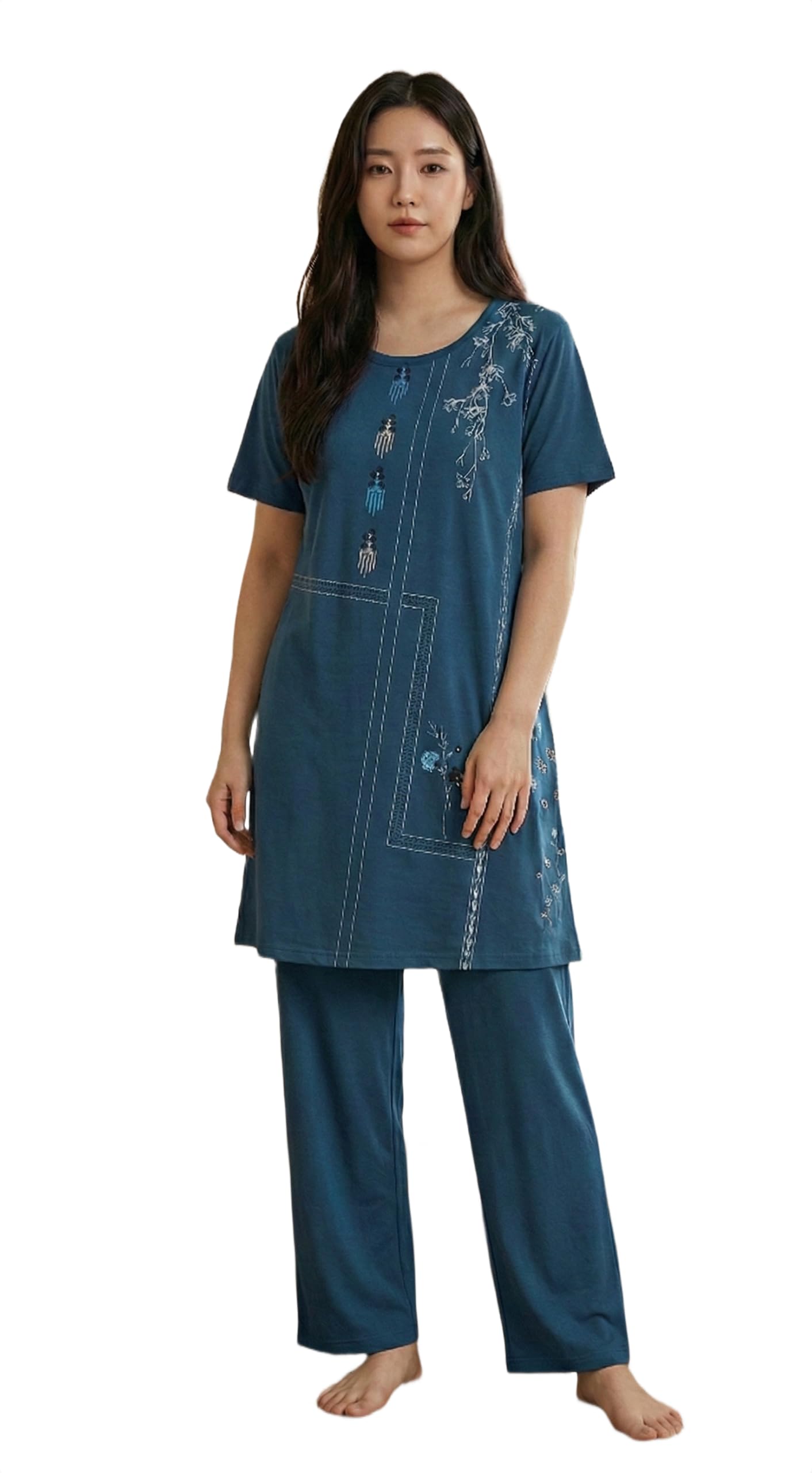 Women's Pure Cotton Round-Neck Long Top and Pyjama Set with Pockets for Lounge Nightwear-image-29