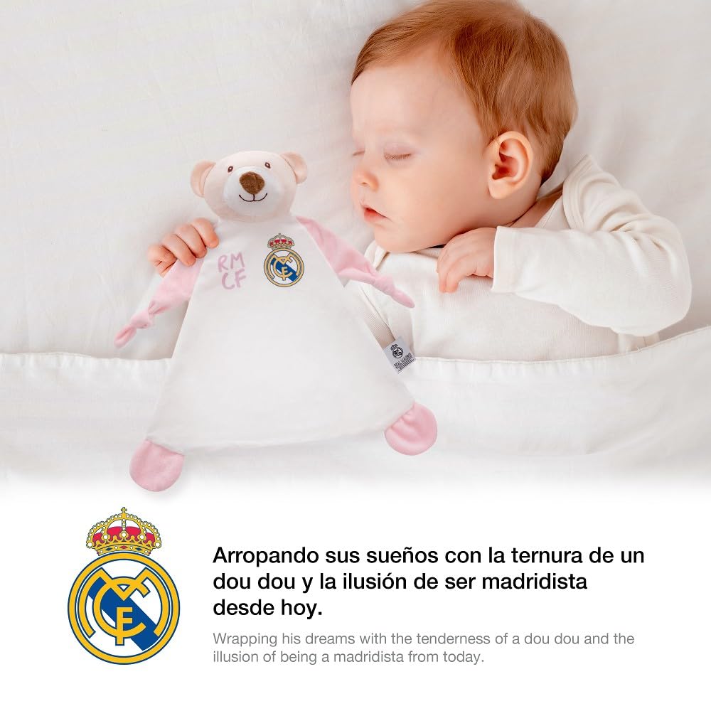 Interbaby - Dou Dou para Bebés Oso Real Madrid – Manta de Apego Suave con Peluche – Producto Oficial del Real Madrid CF – Ideal para Recién Nacidos y Niños Pequeños Futuros Madridistas