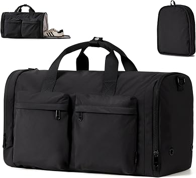 Black Foldable Gym Bag for Women Men with Shoes Compartment, 3 in 1 Carry on Travel Duffel Bags with Trolley Sleeve, Lightweight & Water Resistant Gym Bag for Travel, Sports, Fitness&Workout