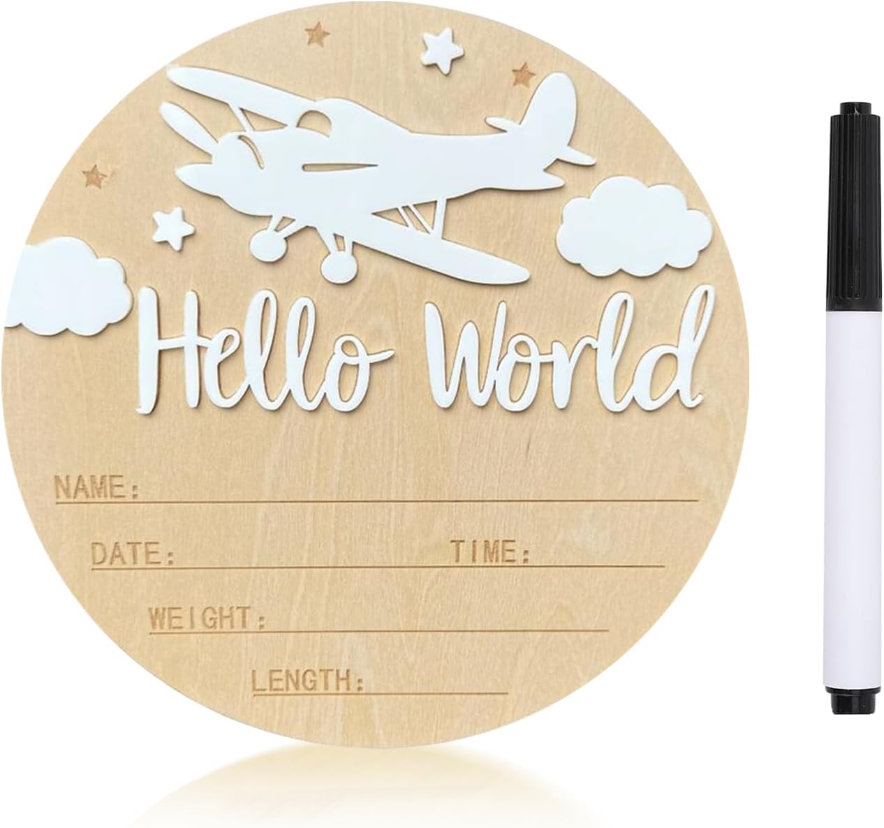 Baby Announcement Sign, 5.9 Inch Wooden Hello World Newborn Sign,Welcome Baby Signs,Birth Announcement Signs,Newborn Name Personalized for Photo Prop Vintage Airplane Design Hospital Nursery (White,White)