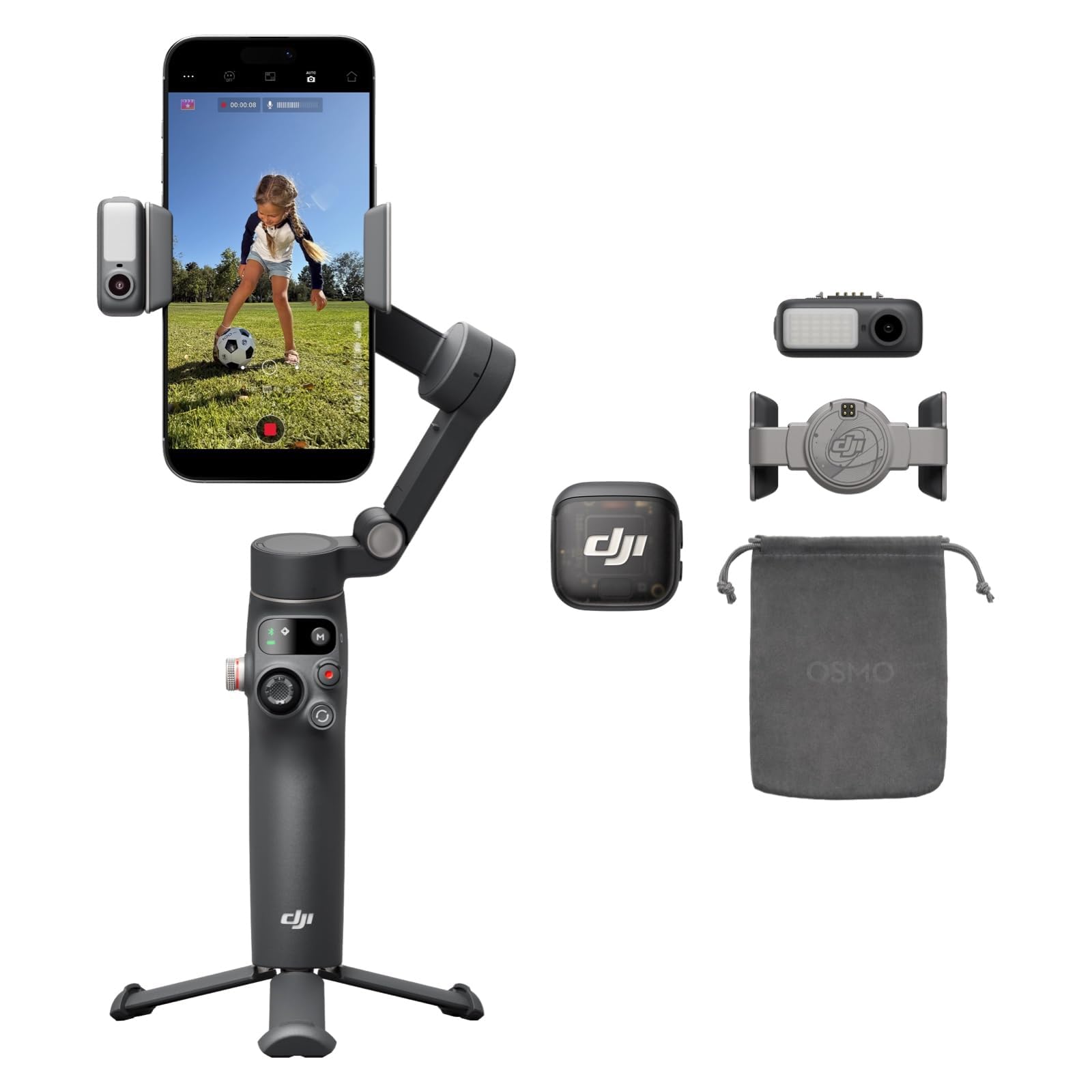 DJI Osmo Mobile 8 + Mic 3, Gimbal-Stabilisator für Smartphones, KI-Native-Tracking mit Audio und Beleuchtung, Funkmikrofon, aktive Geräuschunterdrückung, 32-Bit-Float, Vlog