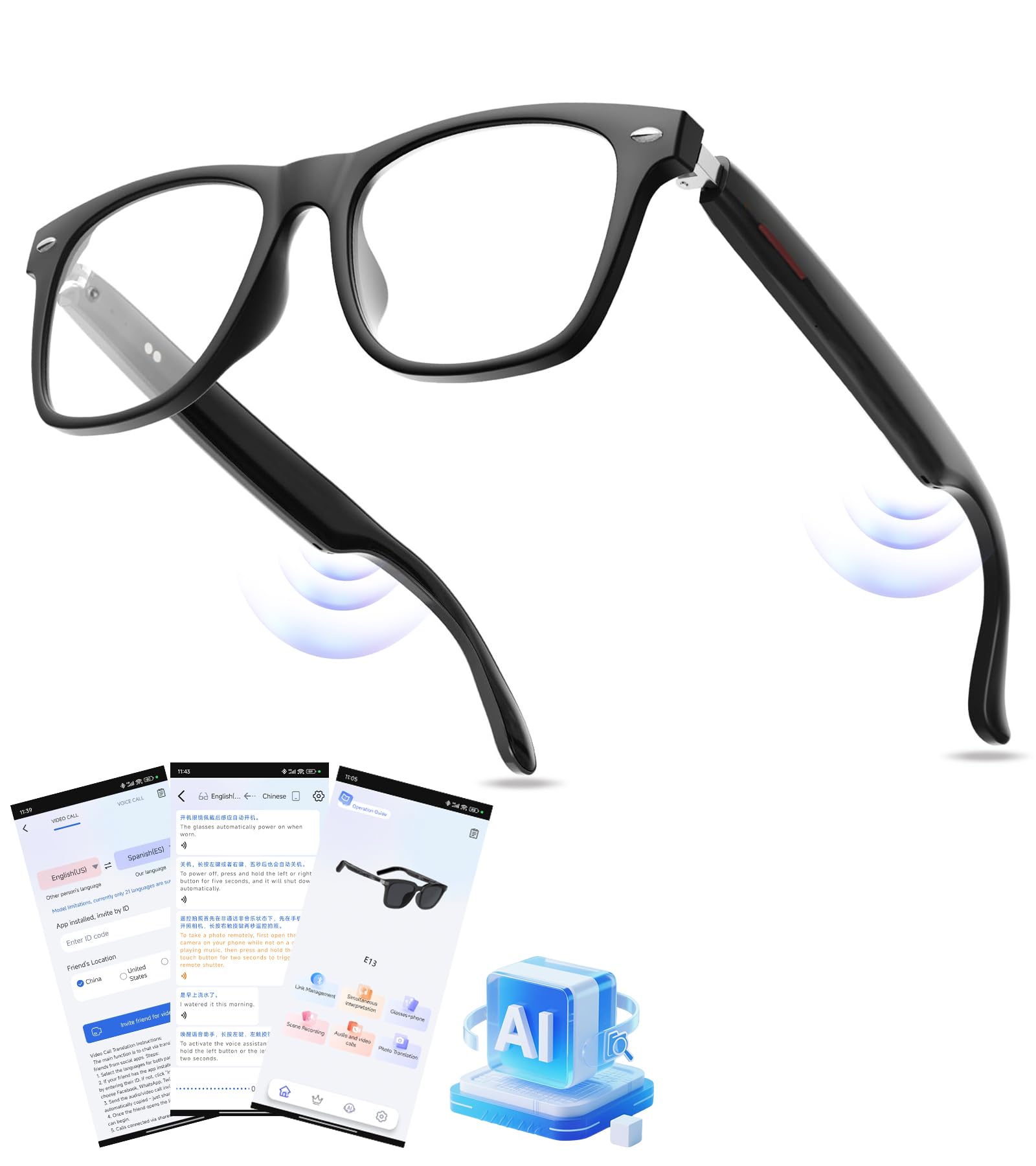 ai smart bluetooth glasses for men and women with chat gpt, translation glasses with 115 languages and rimless blue light blocking lens, hands-free calls, indoor protection for iphone android music