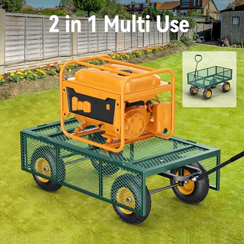 Steel Garden Cart, 2-in-1 900 lbs Heavy Duty Utility Wagon, with Removable Mesh Sides to Convert into Flatbed, 240° U-Turn 10" Pneumatic Tires Garden Wagon for Farm Yard Lawn Garden Camping