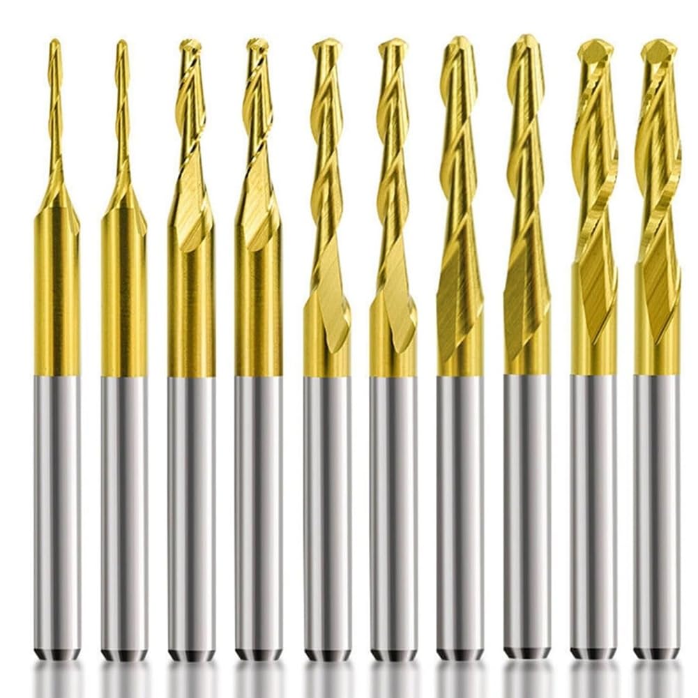 Jnchdghwa As Shown 10Pcs 1/8Inch Shank Carbide Ball Nose End Mill, Cnc Router Bits, 2-Flute Spiral For Diverse Material Cutting