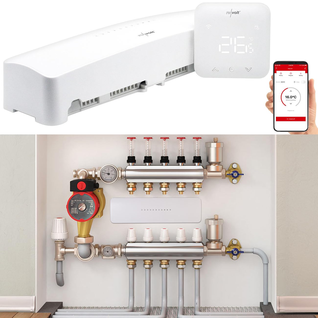 revolt Heizungs Thermostat WiFi: WLAN-Fußbodenheizungs-Controller-Steuerung mit Master-Thermostat & App (Fußbodenheizung 230V, Raumthermostat Digital Unterputz, Pumpe)