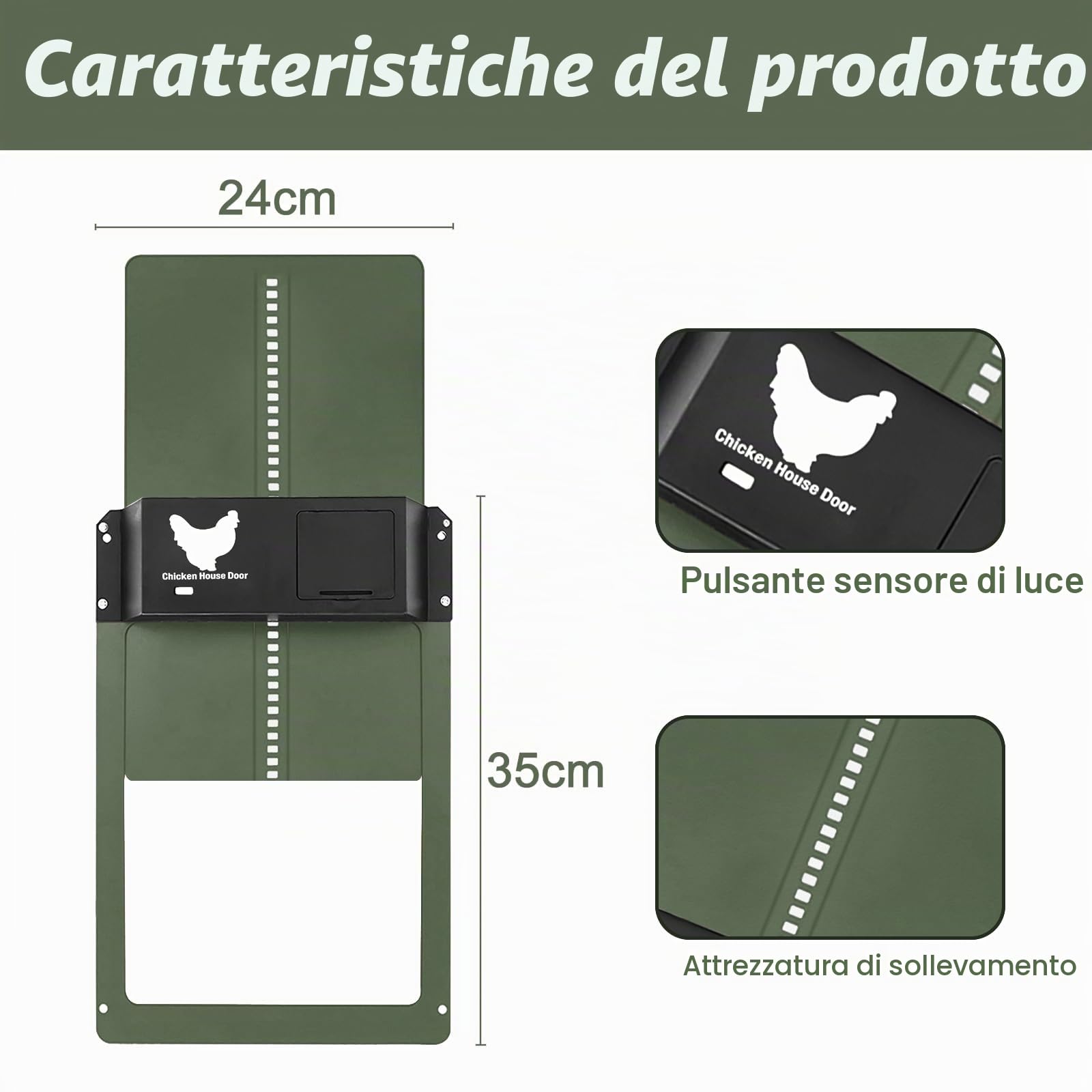 Porta Automatica per Pollaio Con Sensore di Luce, Sportello Elettrico Alimentato a Batteria, Impermeabile - Verde