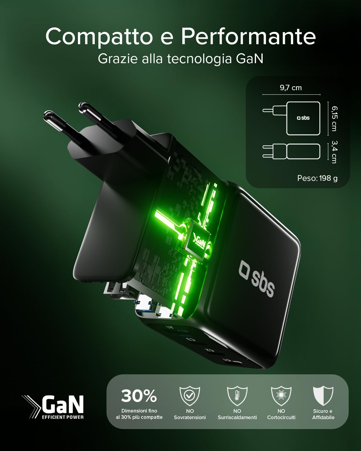 SBS Pulse Power 100W USB-C, Tecnologia GaN, Power Delivery (PD 3.0 PPS) | Smart Display AI, Controllo Touch, AFC, Alimentatore con Ricarica Rapida, Caricatore per Notebook, Tablet, iPhone, Android
